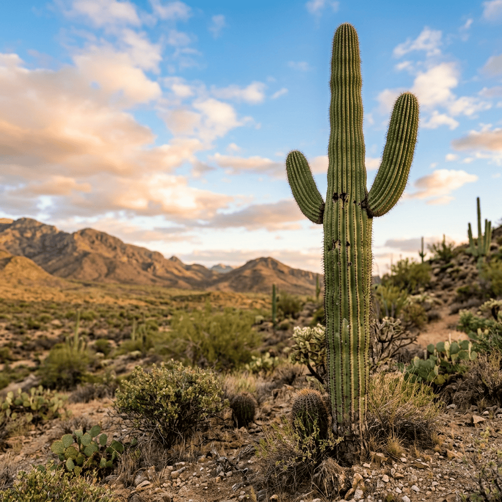 Tall saguaro cactus in a desert landscape with mountains and sunset clouds
