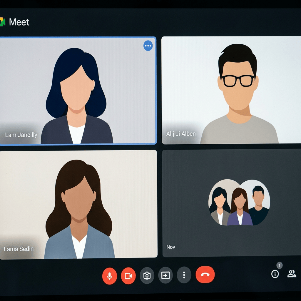 Three coworkers meet around a laptop showing a video conference
